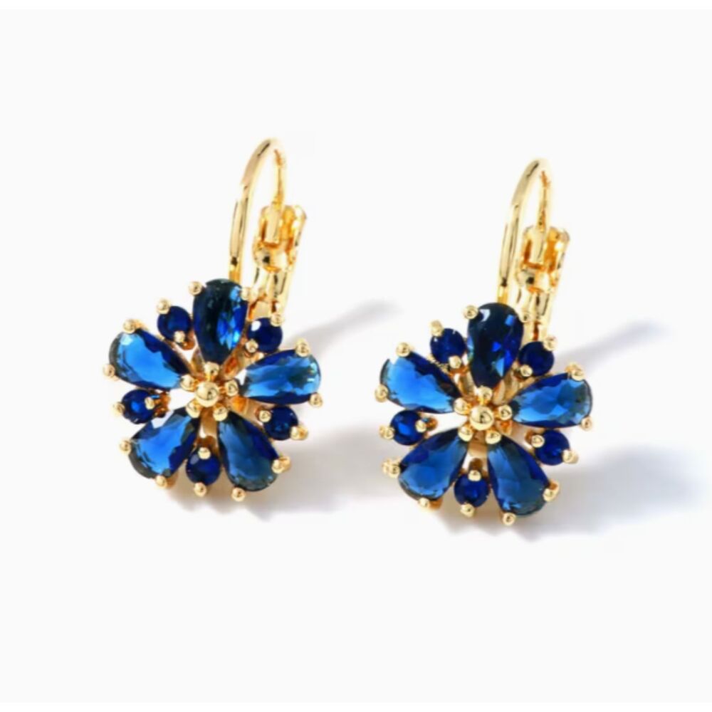 Sapphire Blue & Gold Flower-Shaped lever-Back Earrings